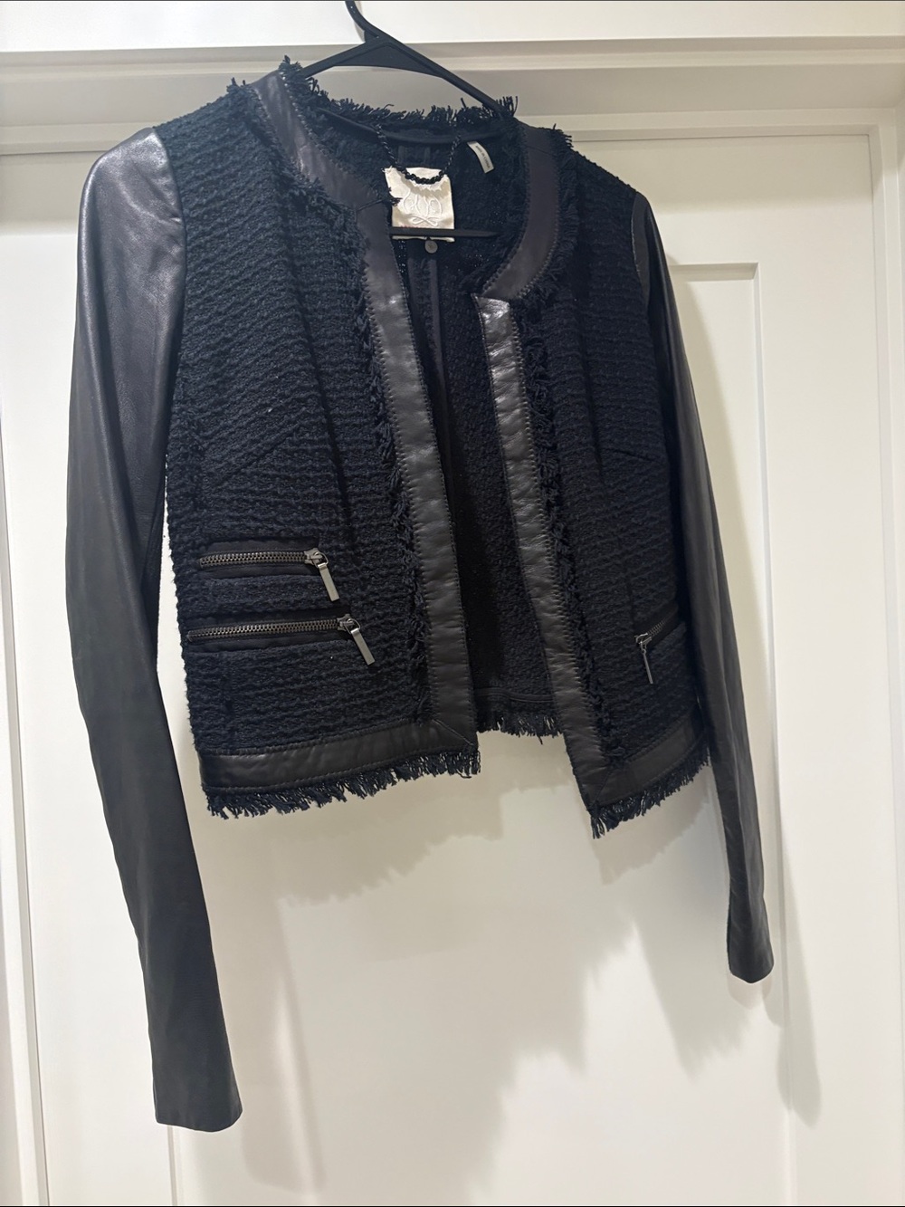 Rebecca Taylor Black Tweed and Leather Fringe-Trim Jacket